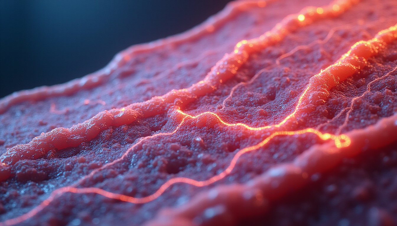  Cross-section of muscle fibers with animated electrical pulses, color-coded pathology vs healthy tissue