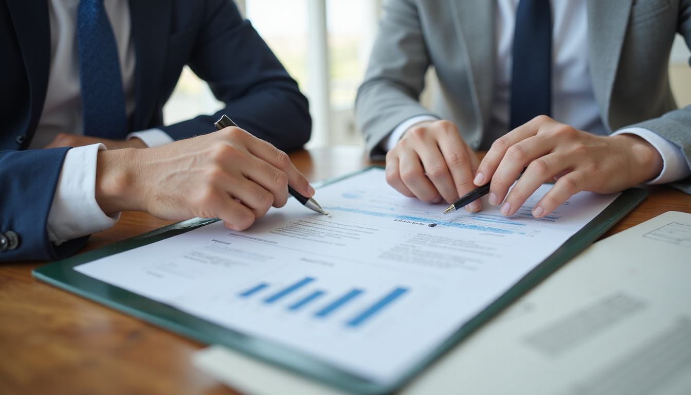  Closeup of real estate agent and buyer reviewing discounted contract, magnifying glass highlighting price