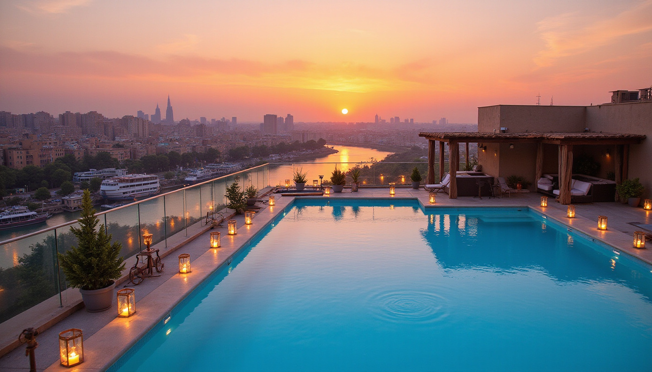  Rooftop infinity pool overlooking Nile and Cairo skyline at sunset, private cabanas, lanterns, serene elegance