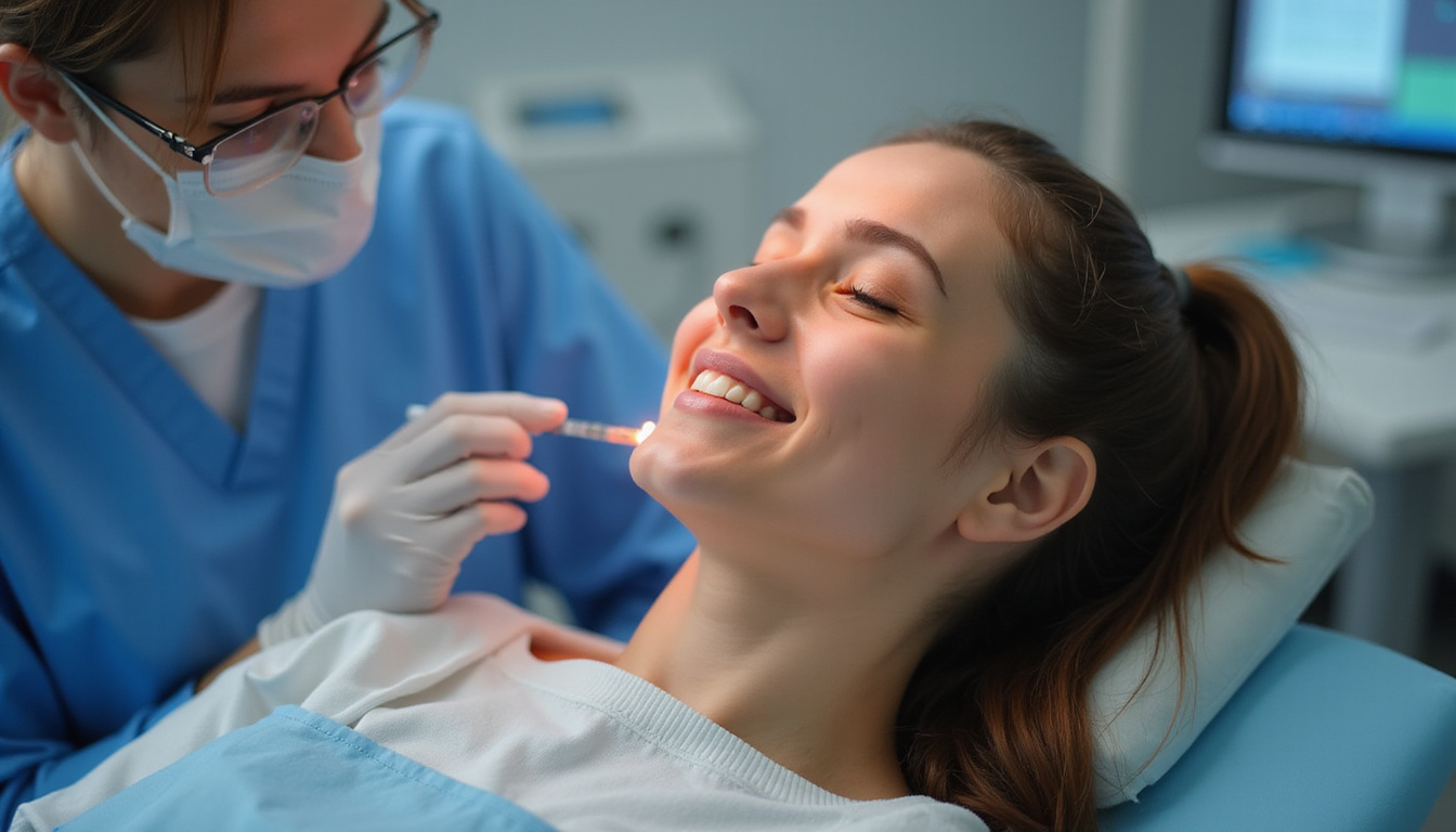  patient relaxed post-injection, smiling, subtle pain relief aura, medical team monitoring recovery, warm lighting
