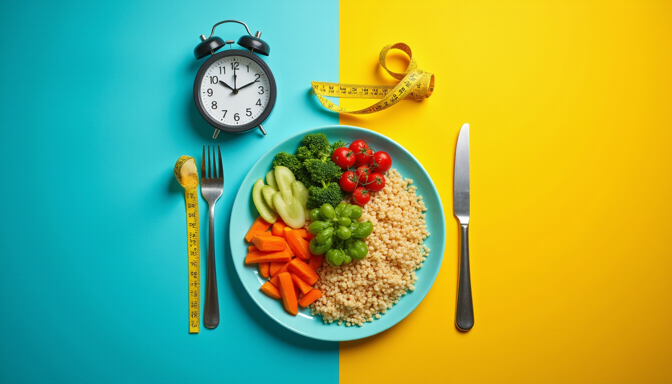  Colorful plate of controlled carbs, vegetables, measuring tape, clock, lean silhouette glowing with energy