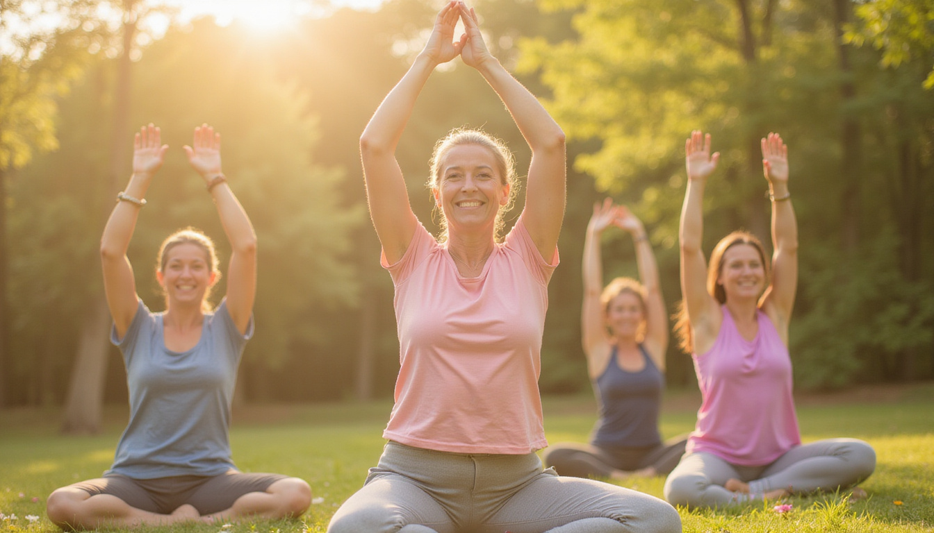  Cheerful mixed-age group practicing gentle stretching, paced timers, warm morning light, blooming energy metaphor
