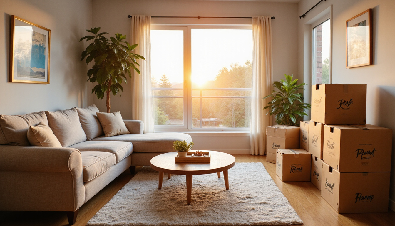  Before-and-after cozy living room decluttered, labeled donation boxes, smiling movers, golden sunset