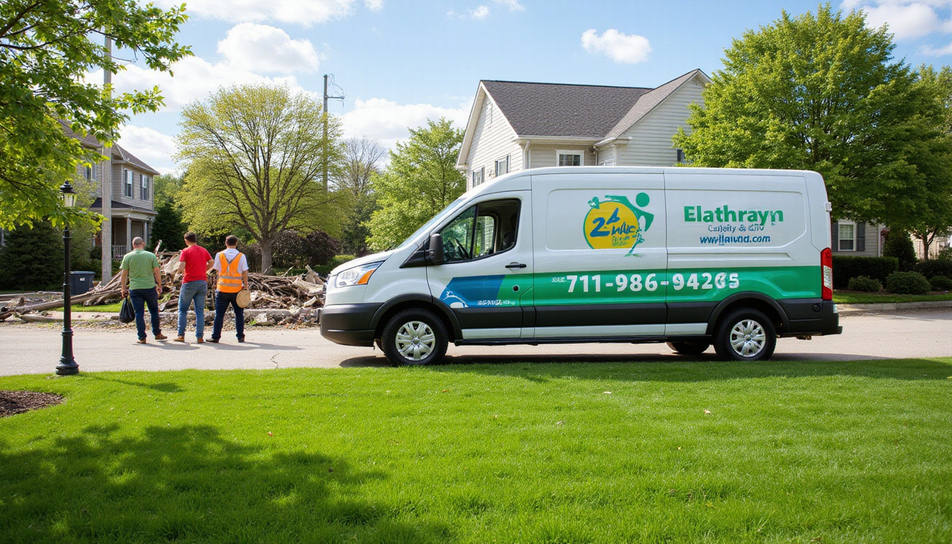  24-hour service van racing through city, calm workers, debris cleared, tranquil lawn restored