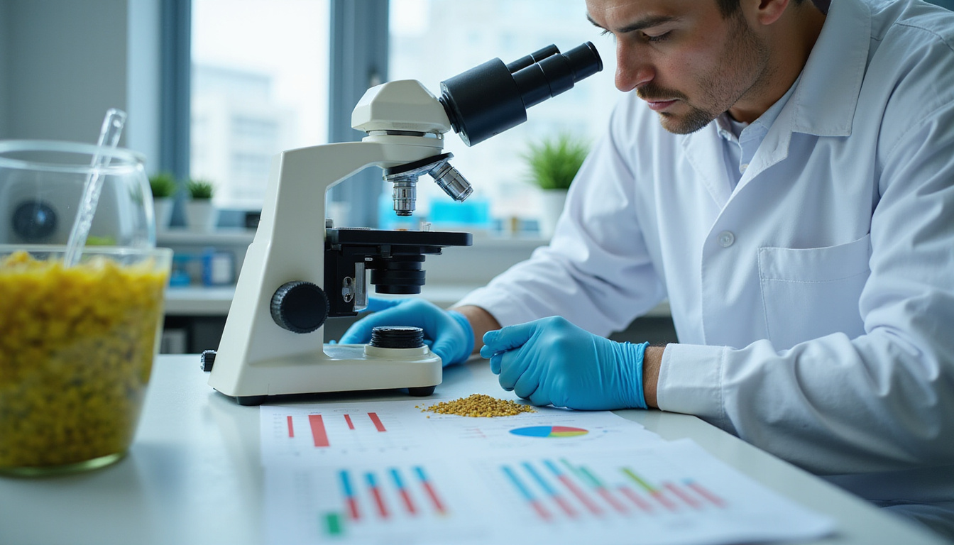  Laboratory scene: scientist analyzing ashwagandha extract under microscope, charts showing benefits and side-effects