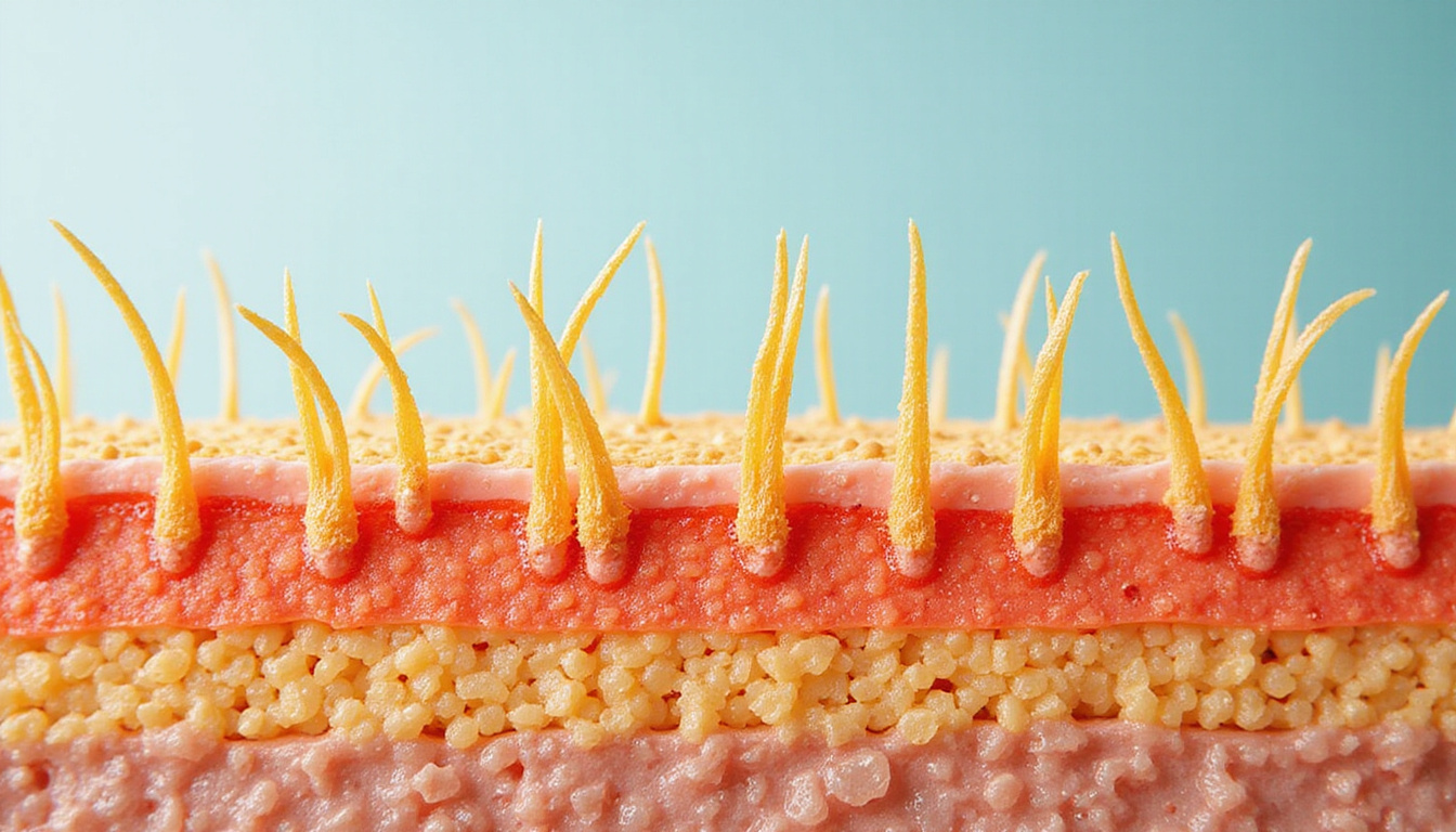  Macro cross-section illustration of scalp: microneedles delivering serum, dormant follicles awakening, vibrant new hair