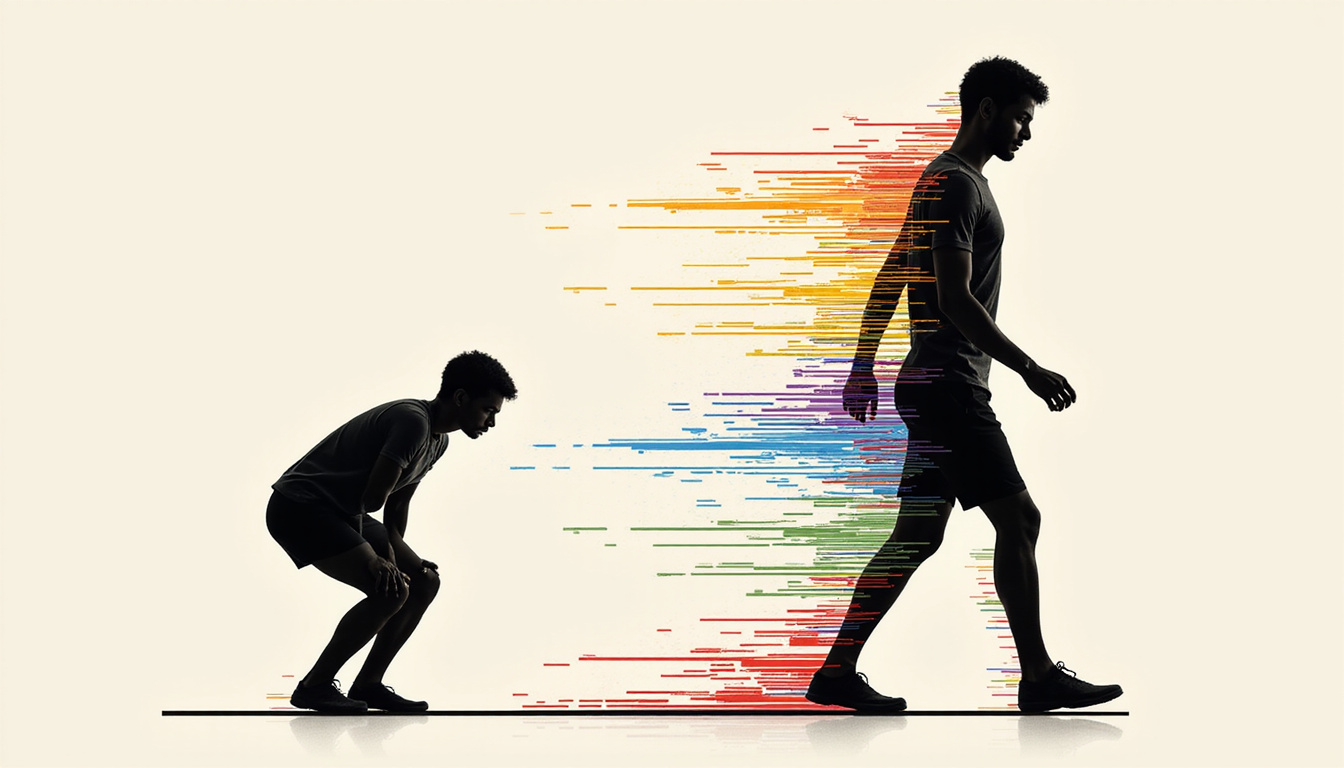  Before-and-after sequence: hunched silhouette transforms into upright walker surrounded by dynamic motion lines