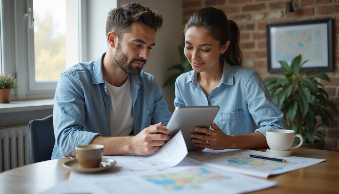  Focused urban buyer with tablet, floor plans, coffee, city map, modern smart-home interface