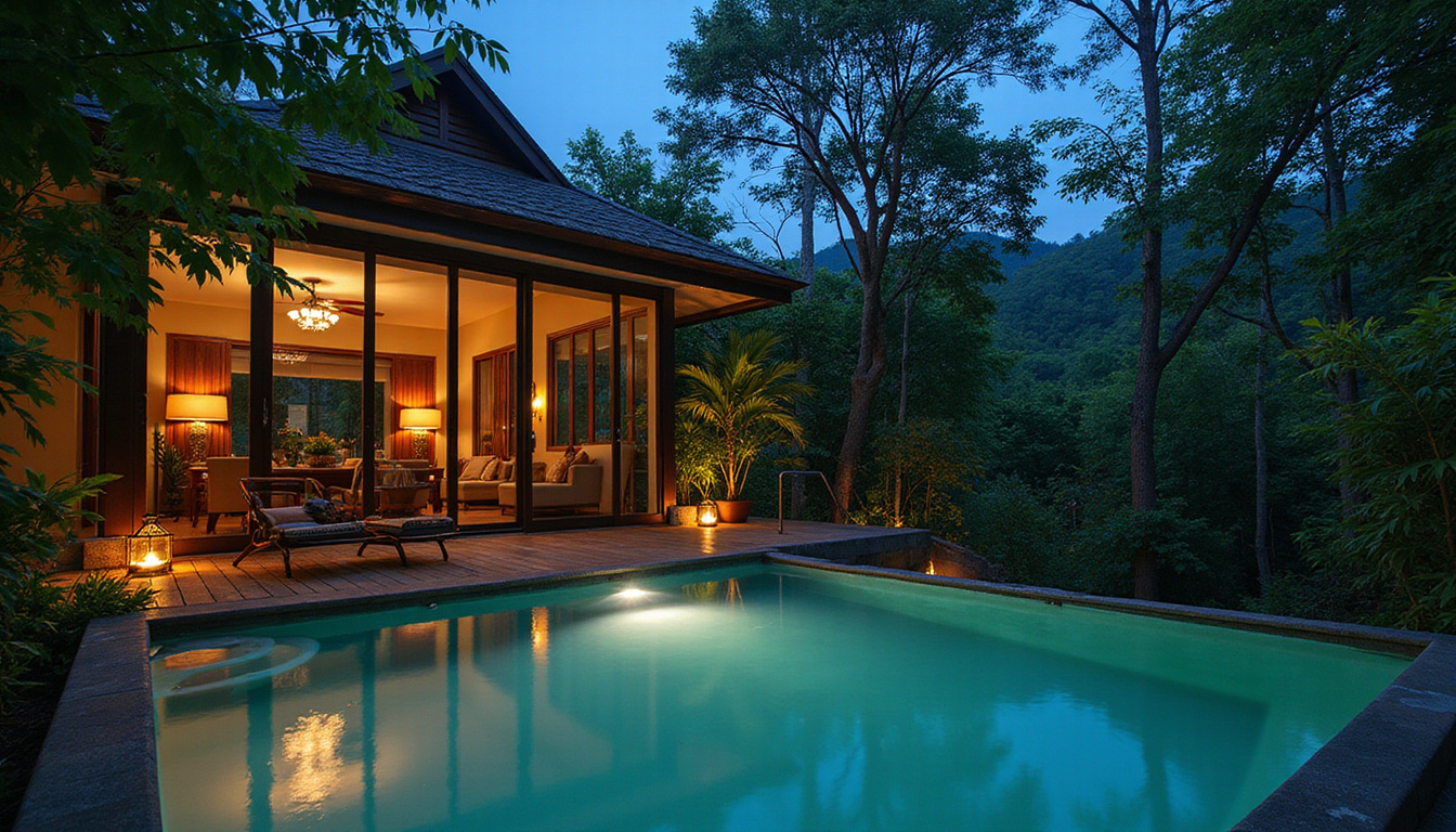  Tropical rainforest villa with glass walls, secluded private plunge pool, moonlit lanterns, intimate romantic atmosphere