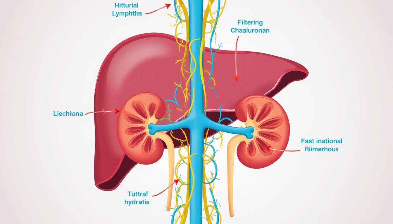  Cinematic infographic of liver, kidneys, lymphatics filtering hyaluronan, arrows, clinical palette, high-detail