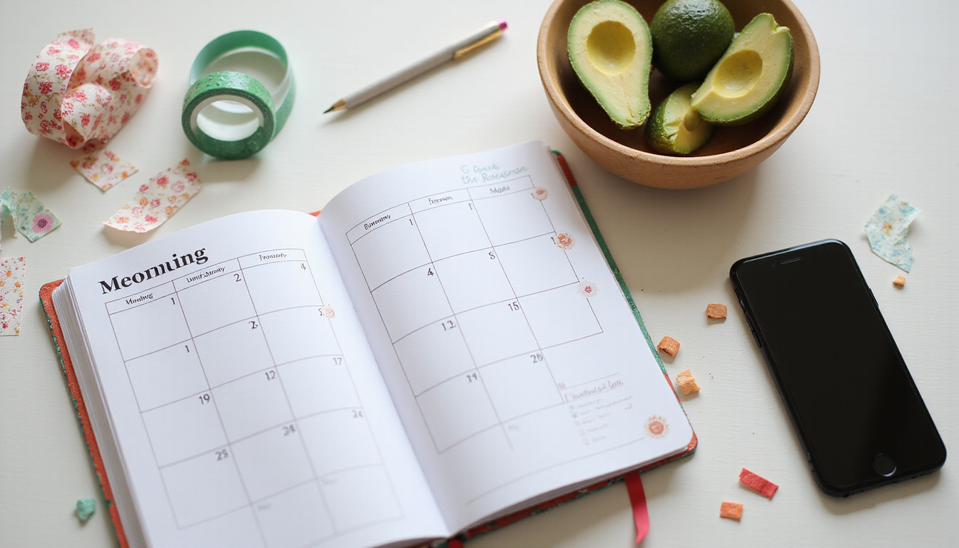  Morning accountability journal, calendar stickers, measuring tape, avocado bowl, smartphone reminder notification