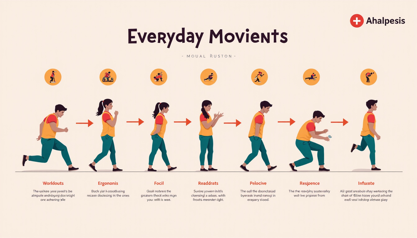  Sequence of seven everyday movements illustrated, ergonomic tips, calm pastel background, medical icons