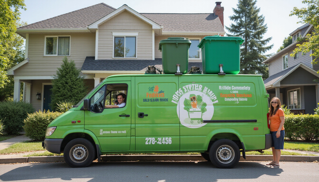  Eco friendly composting service van delivering bins to modern neighborhood, smiling family