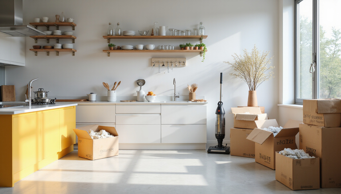  Minimalist kitchen being cleaned, mop and vacuum, open boxes, neatly arranged utensils, serene atmosphere