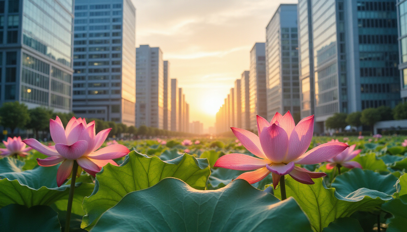  Scrolls and lotus blooming among modern office skyscrapers, warm light, harmonious blend of past and future