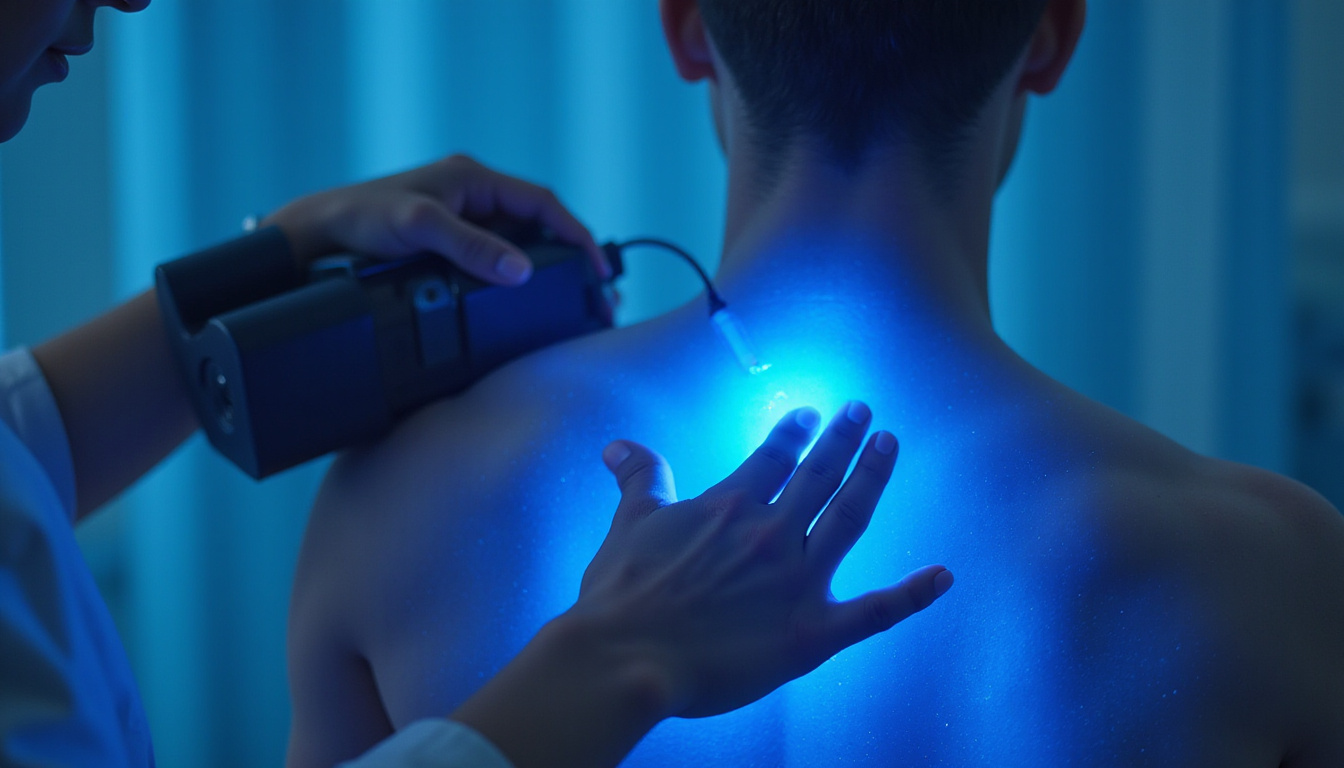  Calm therapy scene: clinician applying neuromuscular stimulation to shoulder, soft blue light easing pain, photorealistic
