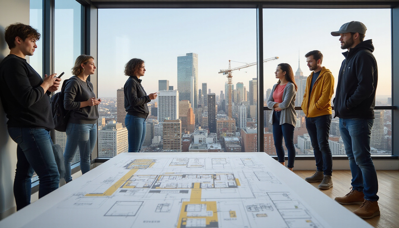 Diverse young homebuyers touring smart home model, augmented reality floorplans, skyline crane backdrop