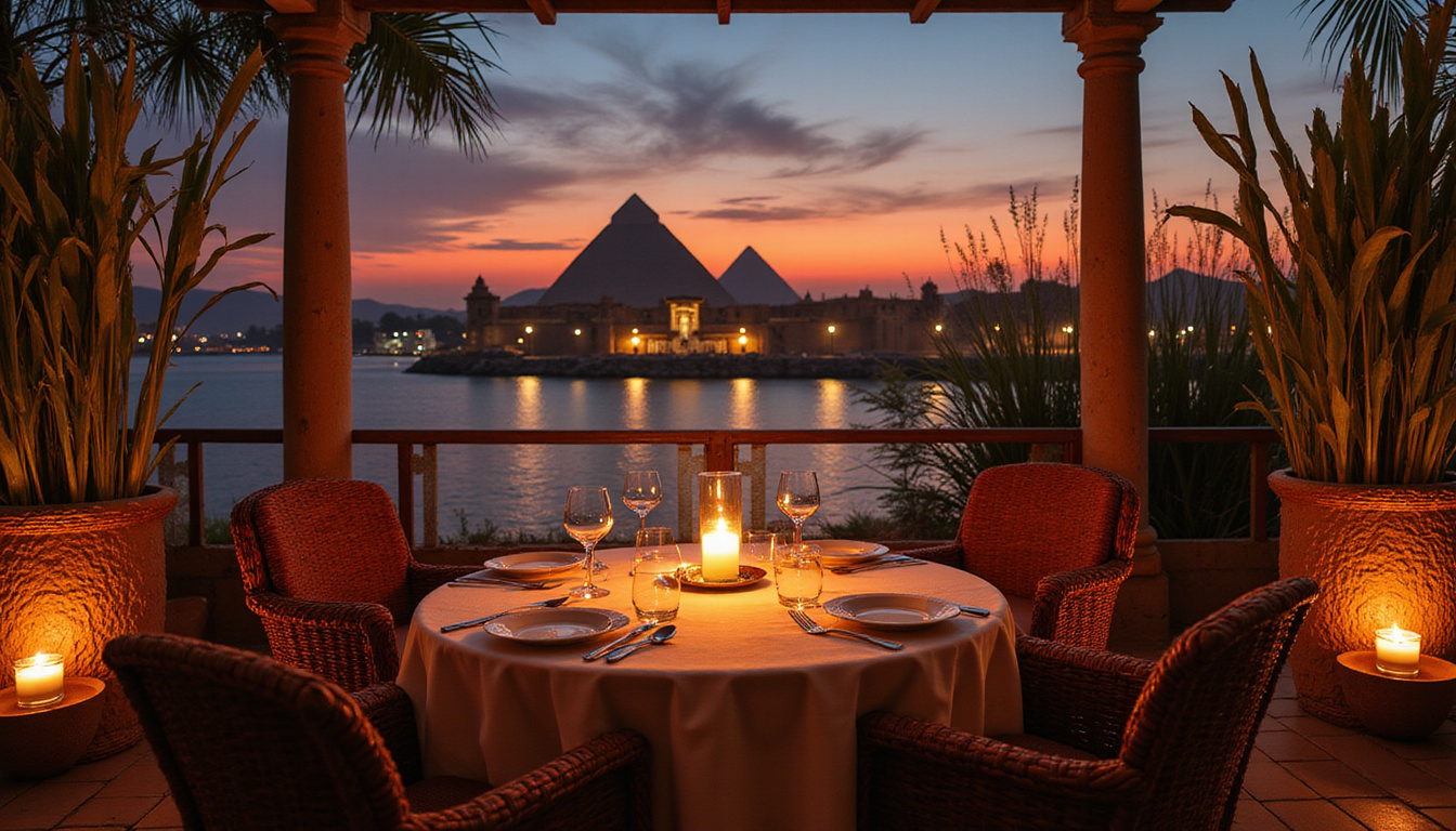  Intimate terrace dining aboard classic dahabiya, candlelit table, papyrus reeds, dramatic Philae temple silhouette