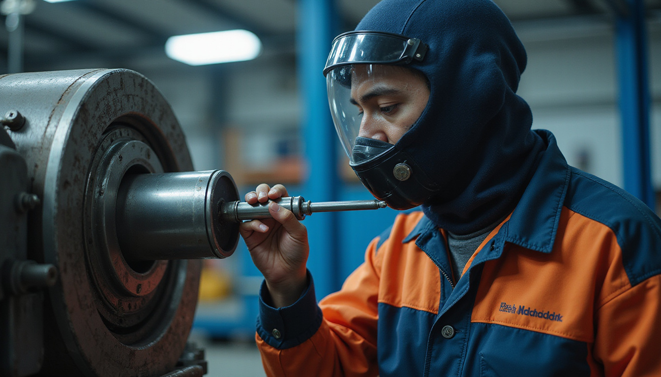  Technician using grease injector on large bearing, PPE, workshop background, high-detail, cinematic lighting