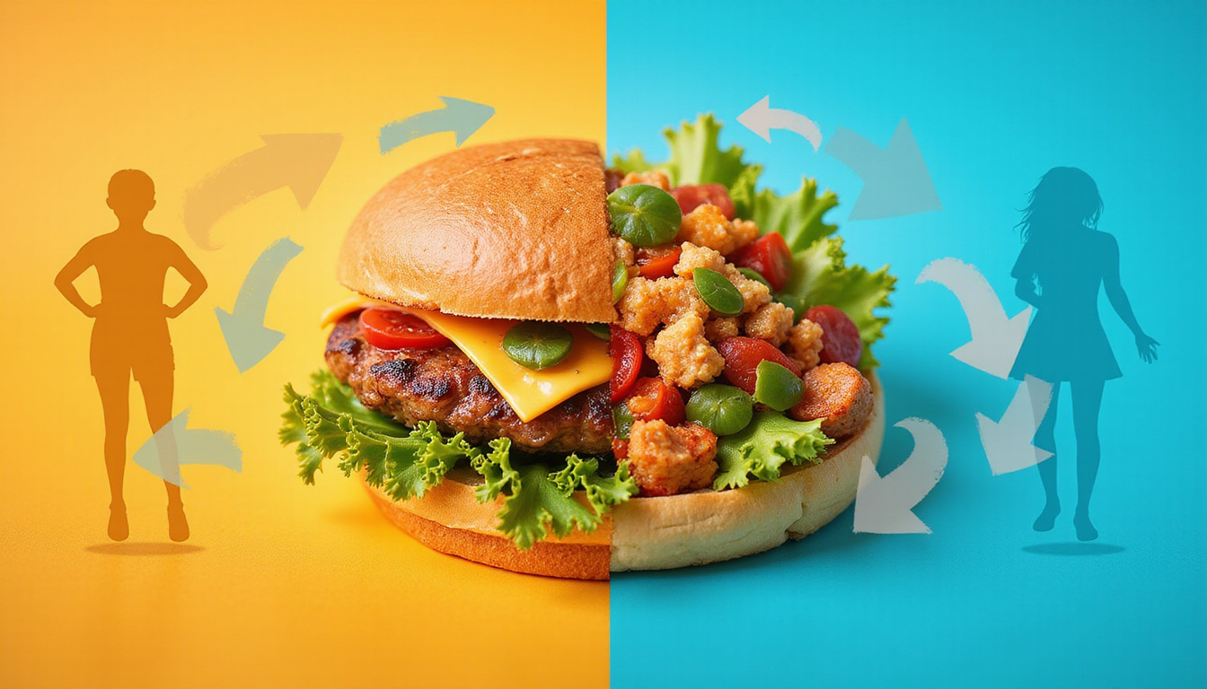  Split-image: low-carb keto meal vs colorful carb feast, circular arrows, body silhouette, energetic glow