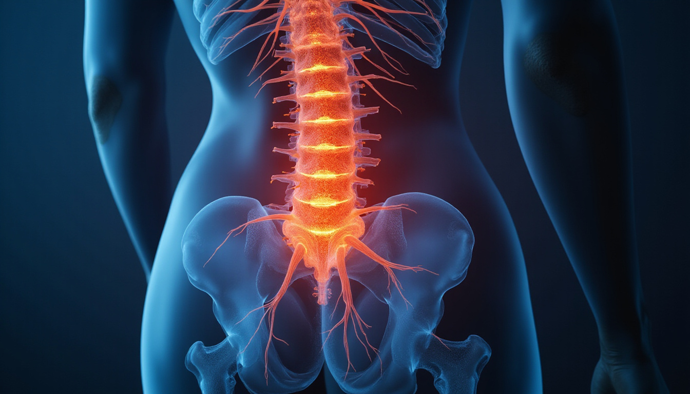  Close-up anatomical overlay of sciatic nerve on lower back, heat-pack, progress icons, soft clinical lighting