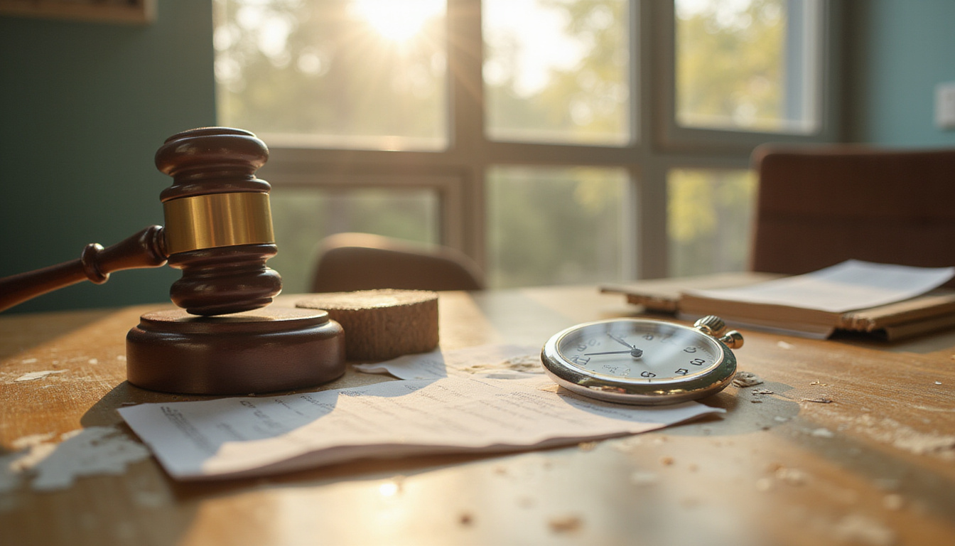  Stopwatch, gavel, eviction notice, organized crew clearing unit, sunlight through dusty window