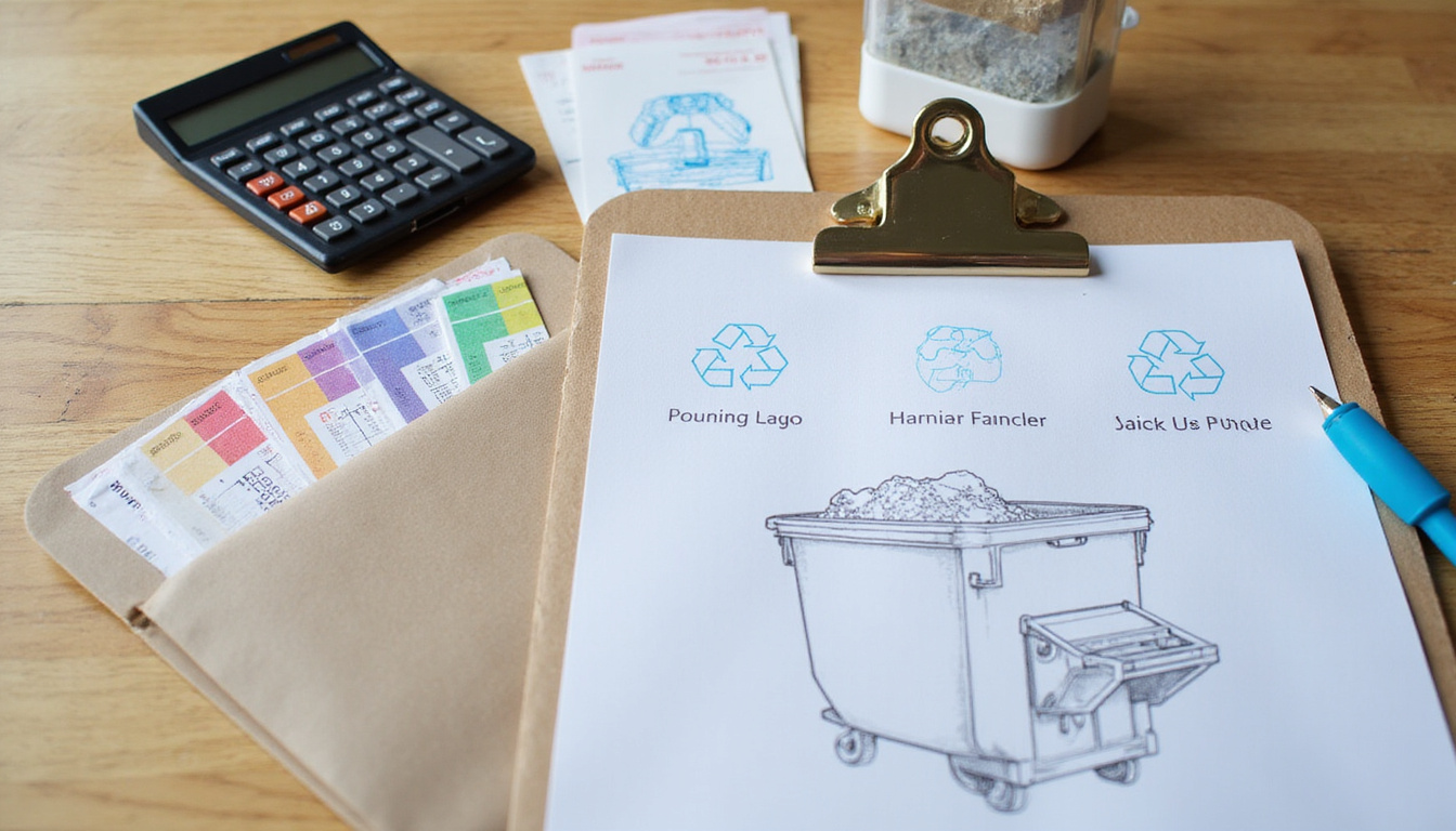  Close-up: worn clipboard, calculator, color-coded receipts, blueprint over compact dumpster, recycling icons