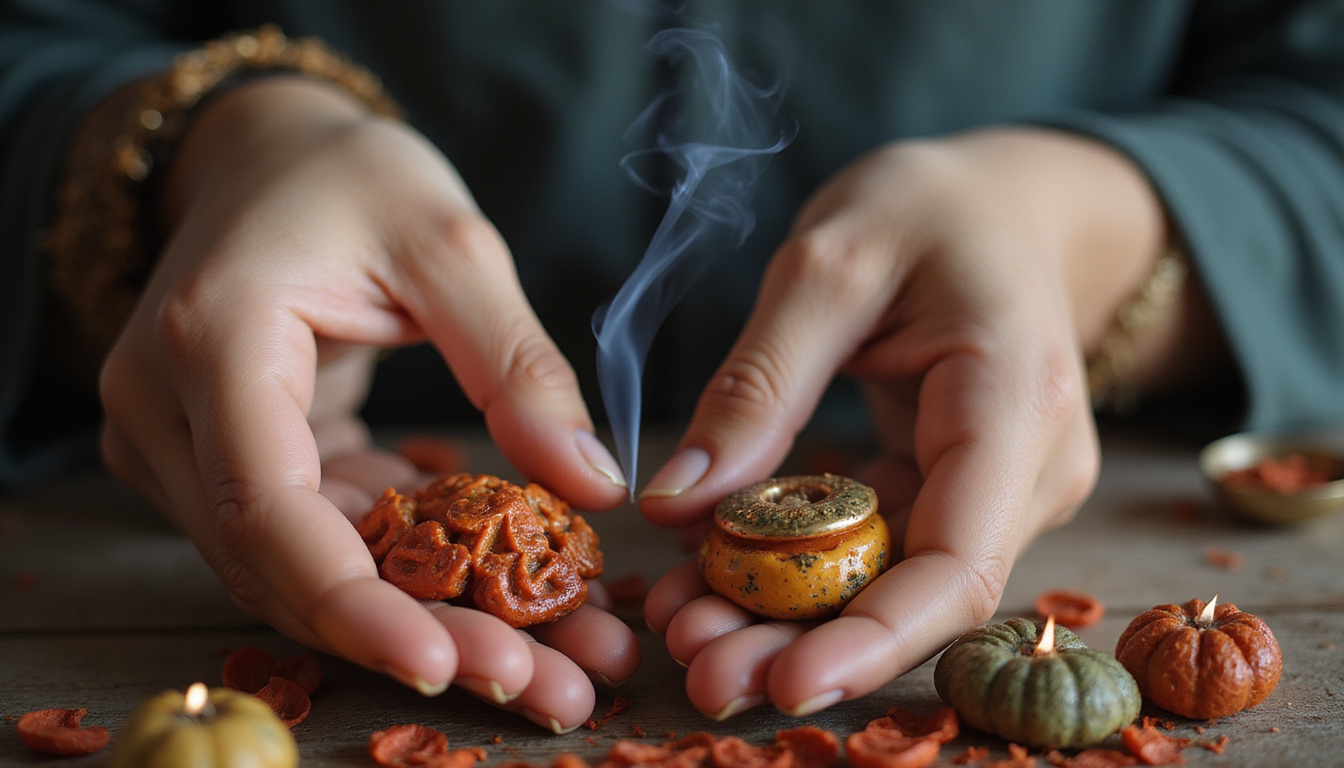  Close-up hands arranging tiny talismans, incense smoke curling, soft morning light