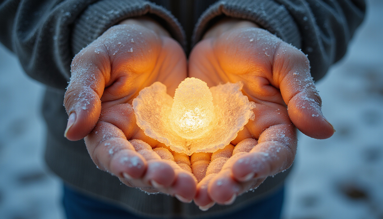  Close-up hands emerging from frost, ice crystals, warm golden healing light, pain evaporating