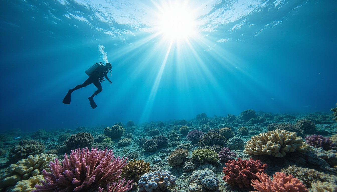  Scuba diver exploring vibrant coral reef, crystal water, shafts of sunlight, tranquil underwater serenity
