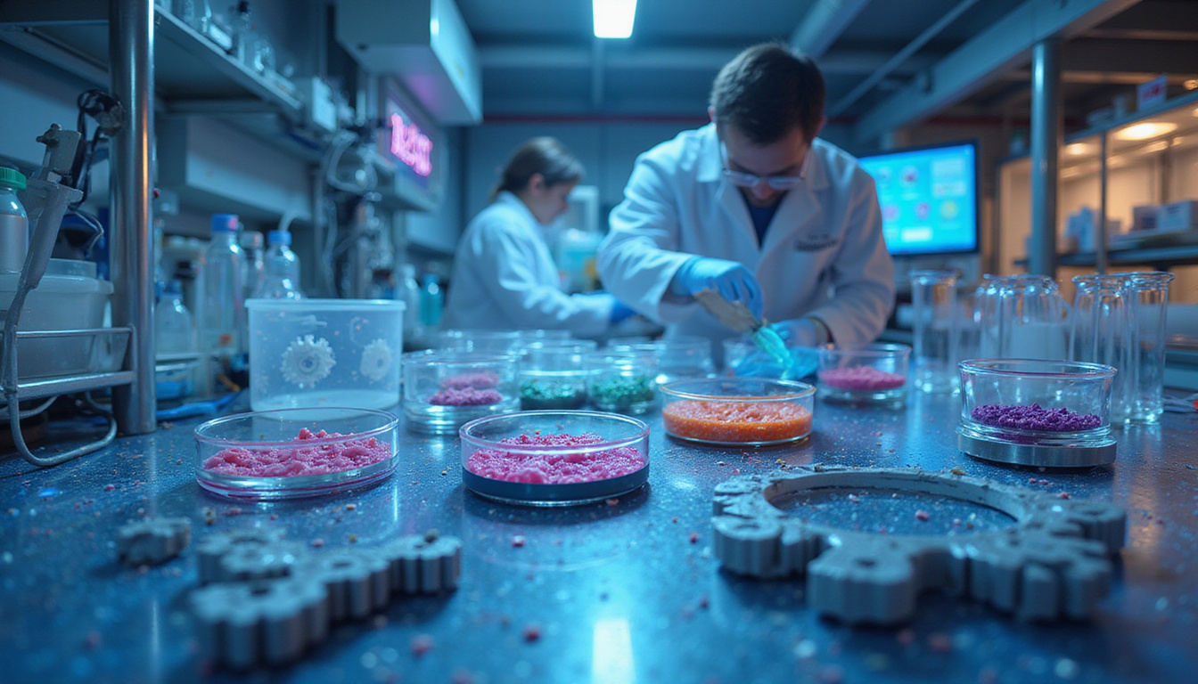  Laboratory scene with researchers engineering bio-lubricant nanostructures, futuristic petri dishes and gears