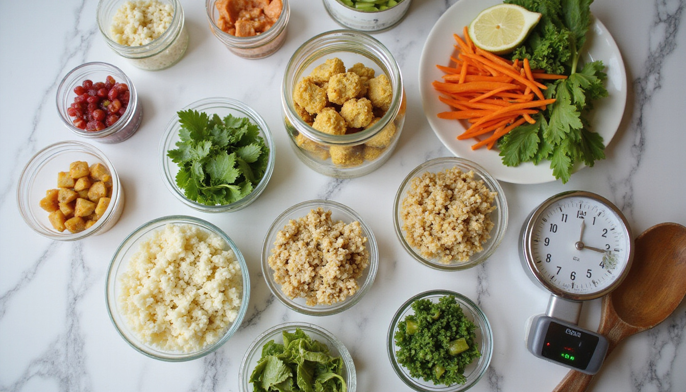  Overhead meal prep scene: mason jars, cauliflower rice, colorful salads, timer, relaxed smiling cook