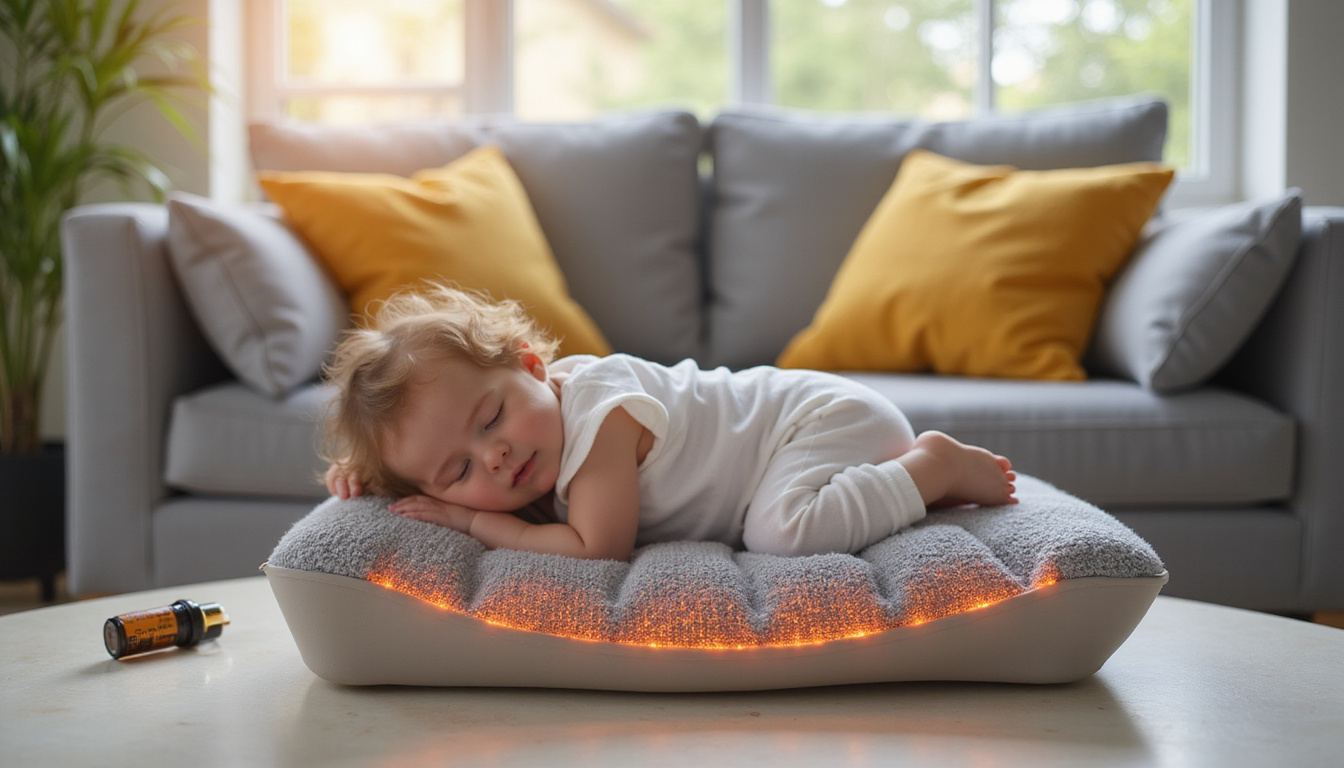  Cozy living room scene: warm heating pad on lower back, essential oils, baby sleeping nearby