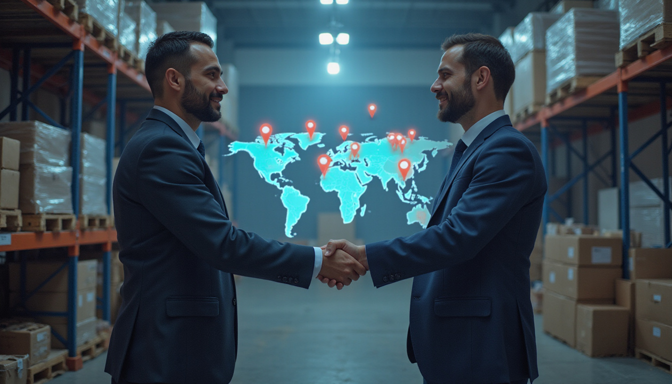  Franchise owner shaking hands with partner in front of warehouse, map pins glowing, growth blueprint
