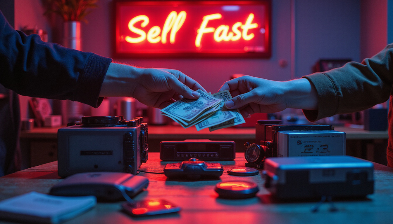  Hands exchanging cash over old devices on table, stopwatch, neon 