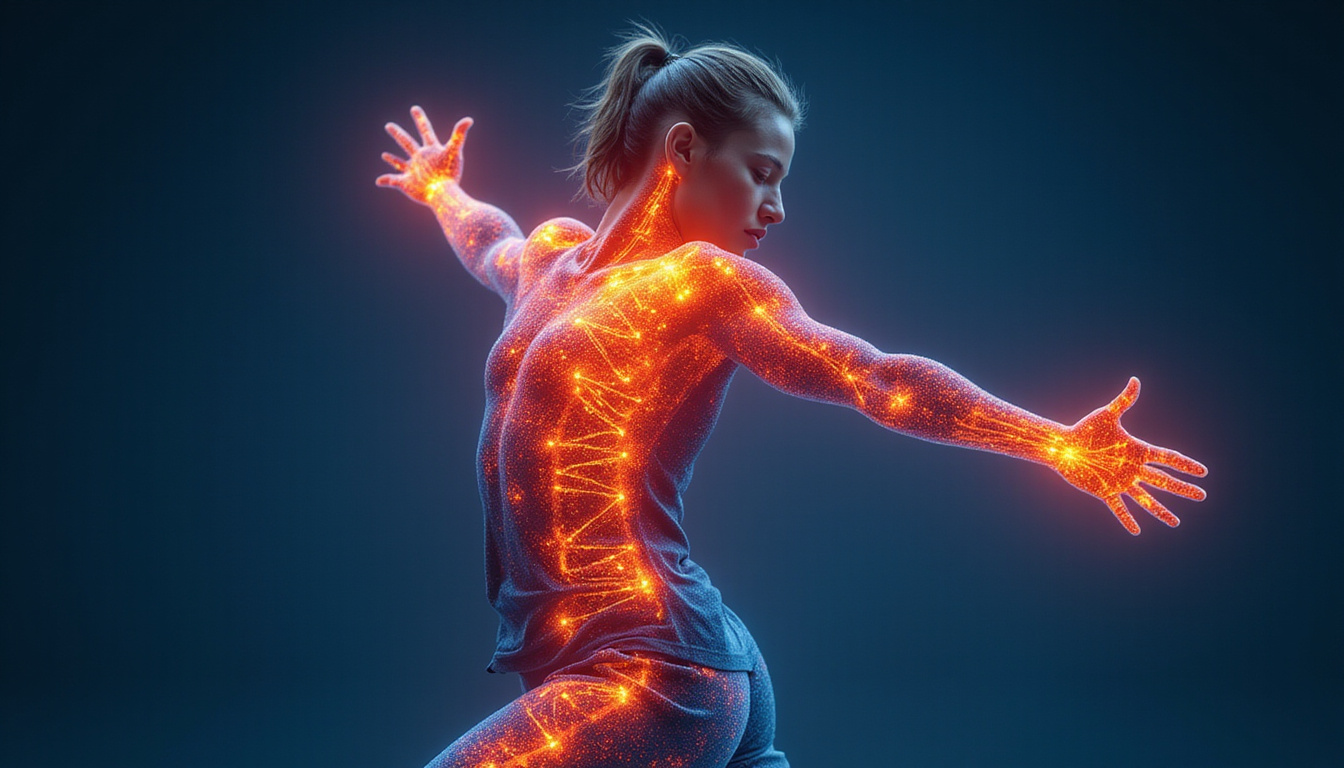  Athlete with thermal overlay, wrist and shoulder hotspots, risk zones, dynamic action pose
