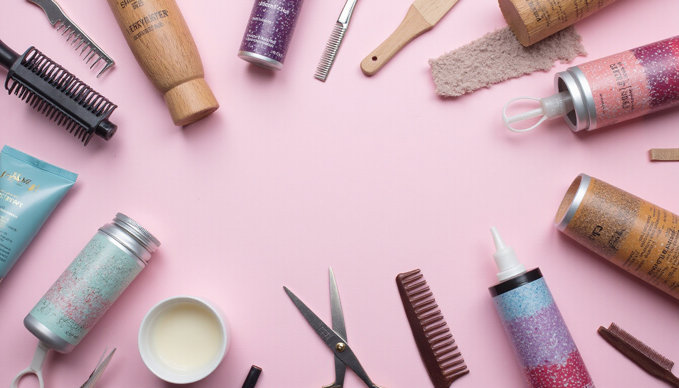  Styling flatlay: scissors, clippers, pomade, pastel dye tubes, combs, textured hair samples
