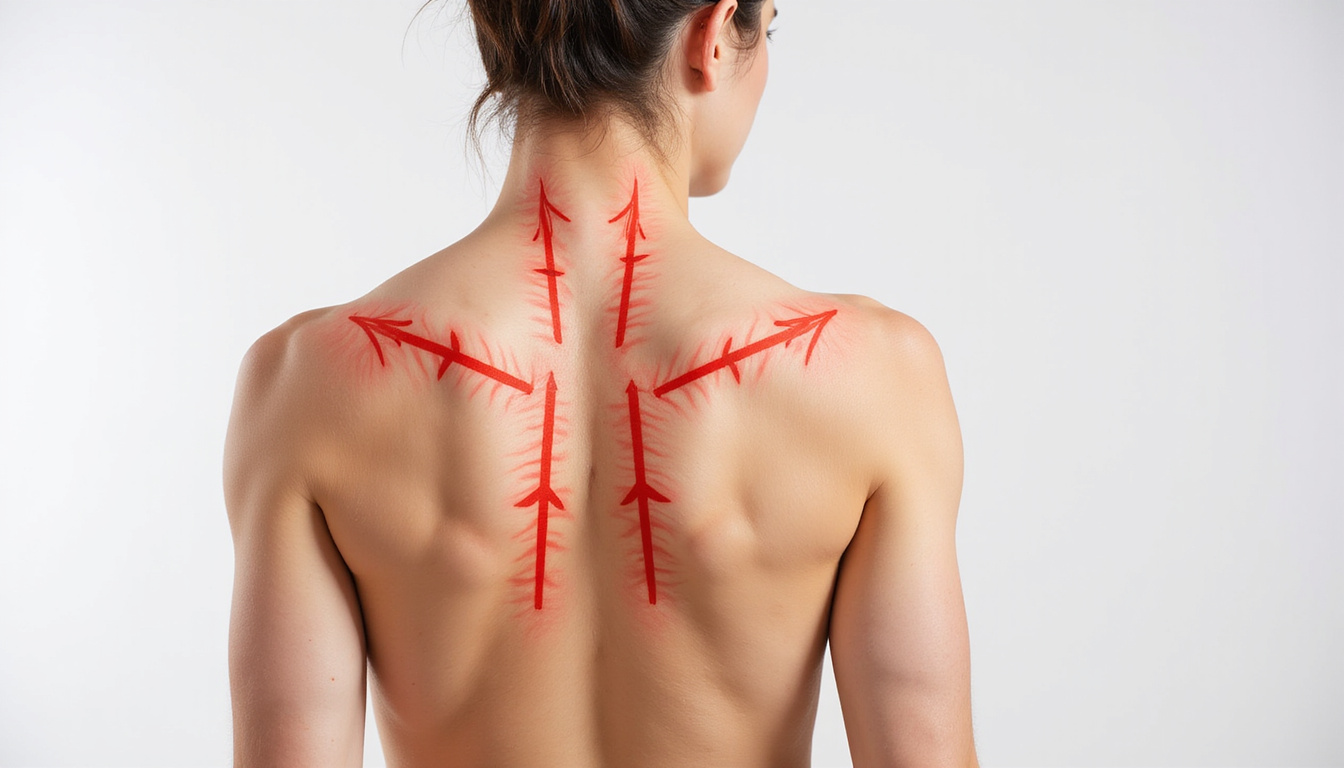  Close-up shoulder anatomy overlay with red pain points and arrows, resistance band, instructional style