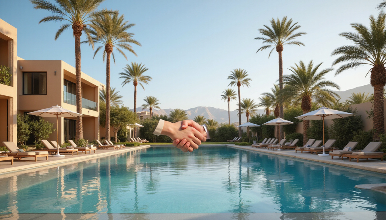  Modern investment brochure scene: luxury villas, rental tenants, Egyptian palms, handshake over contracts