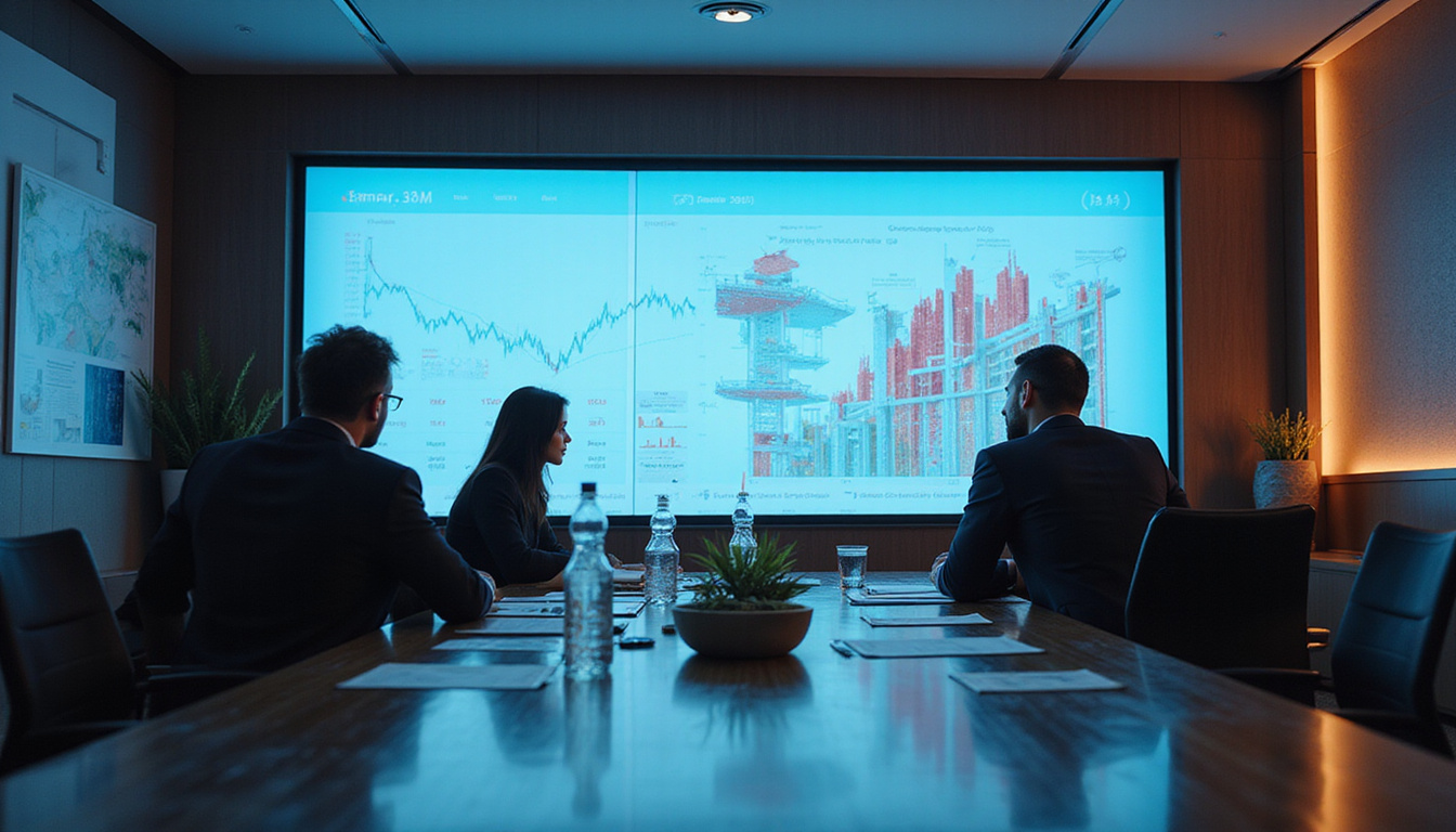  Cinematic boardroom scene, investors analyzing financial charts, hotel architecture renderings, maps and upward arrows