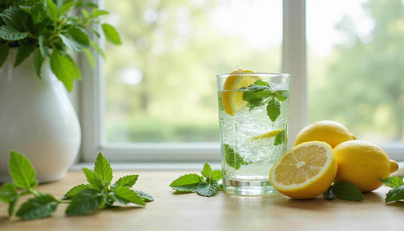  Mint leaves, lemon slices, and sparkling water neutralizing green odor particles, bright kitchen scene