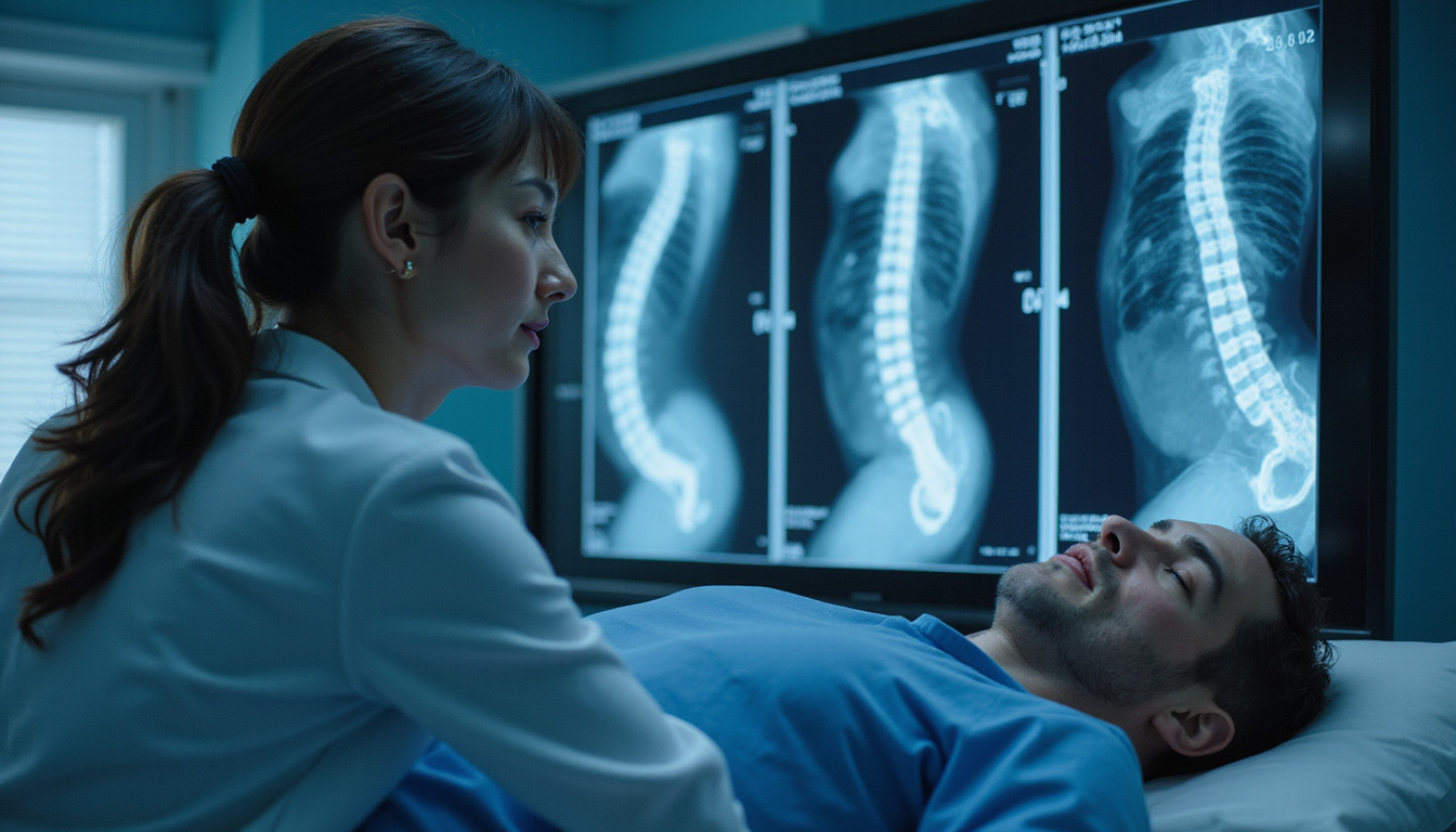  ER doctor urgently examining patient, lumbar MRI displayed, cauda equina syndrome, tense, cinematic close-up