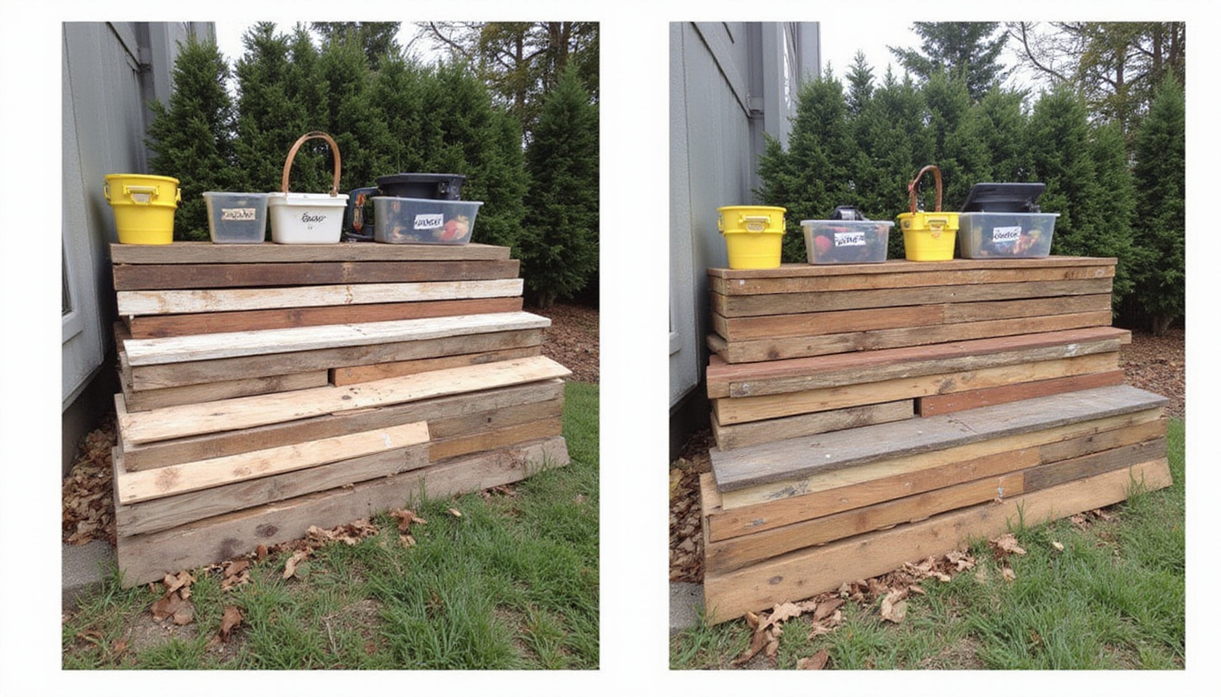  Stacked salvaged deck boards, labeled bins, affordable toolset, before-and-after transformation, budget-conscious vibe