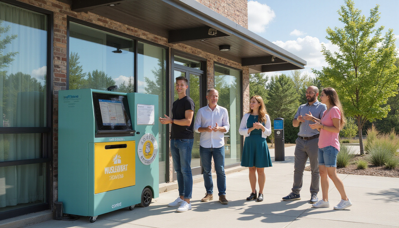  Concierge-style waste collection station, digital scheduling kiosk, relieved residents applauding, clean sustainable community