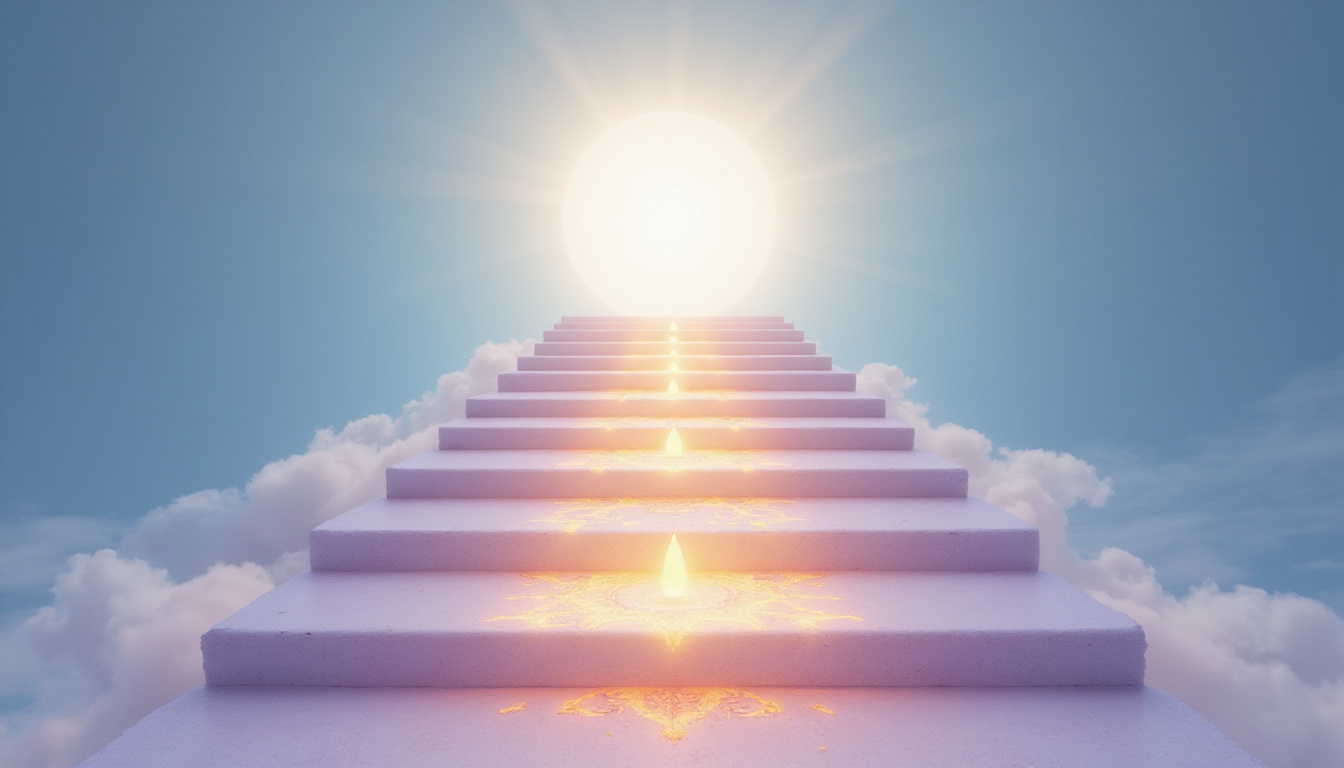  Floating ladder of illuminated steps leading to a radiant intuitive orb, sacred symbols, soft pastels