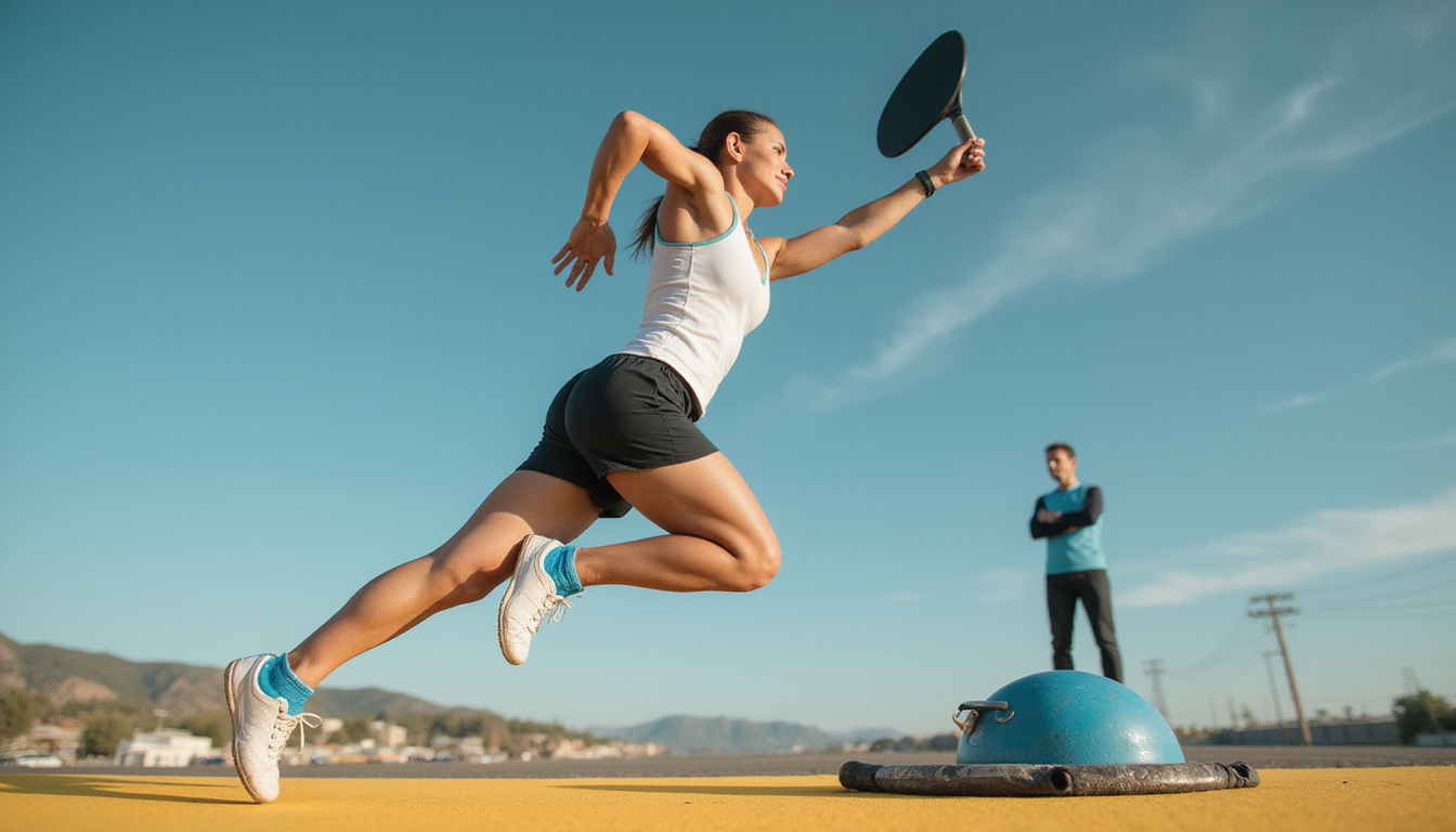  Dynamic action shot: plyometric calf hops with paddle, motion blur, muscular calves, coach observing