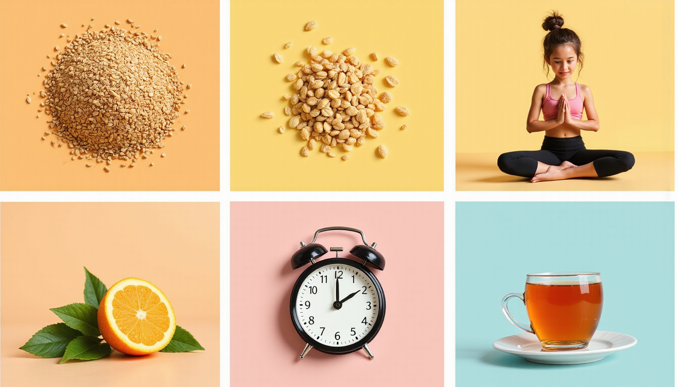  Natural fixes montage: flaxseed, soy, yoga pose, sunlight, sleep clock, calm herbal tea