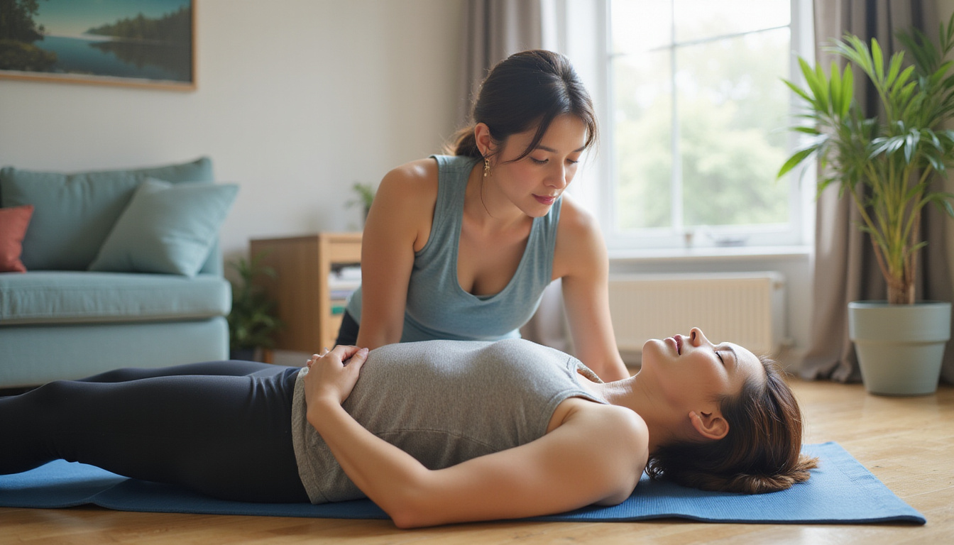  High-detail scene of guided stretching and exercise for chronic pain relief, relaxed patient, natural light