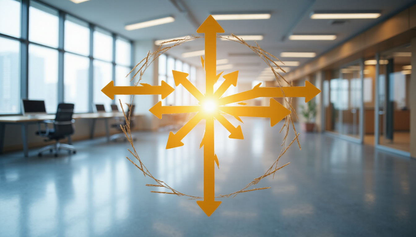  Infographic-style hub-and-spoke map of multiplying leads, gold arrows, sleek modern office background