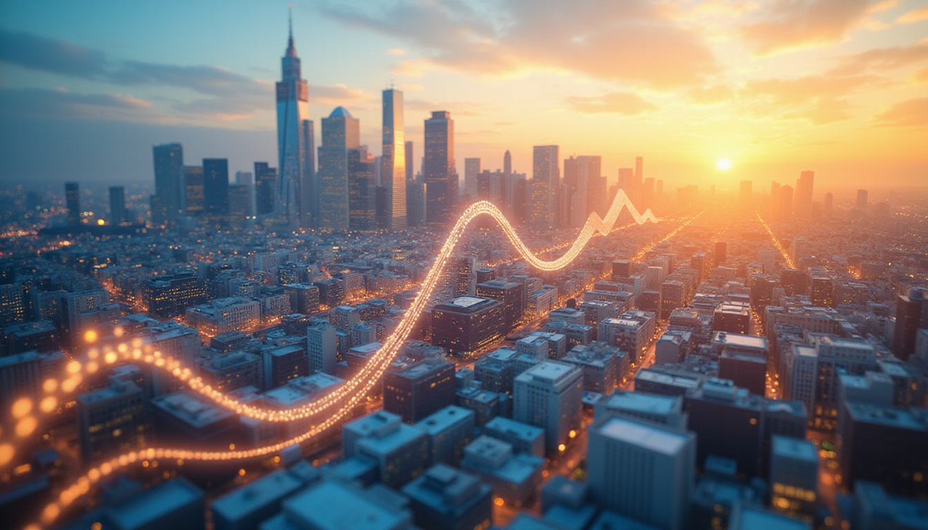  City skyline of marketing icons, momentum trails, gears meshing, warm golden light, exponential curve